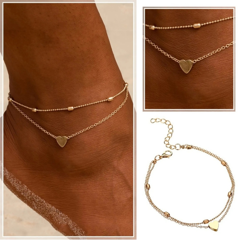 Gold or Silver Heart Tiny Beads Beaded Tier Tiered Layered Ankle Bracelet Anklet